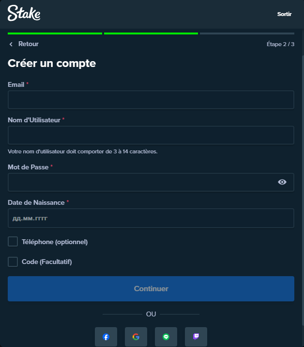 formulaire d'inscription sur le site stake casino